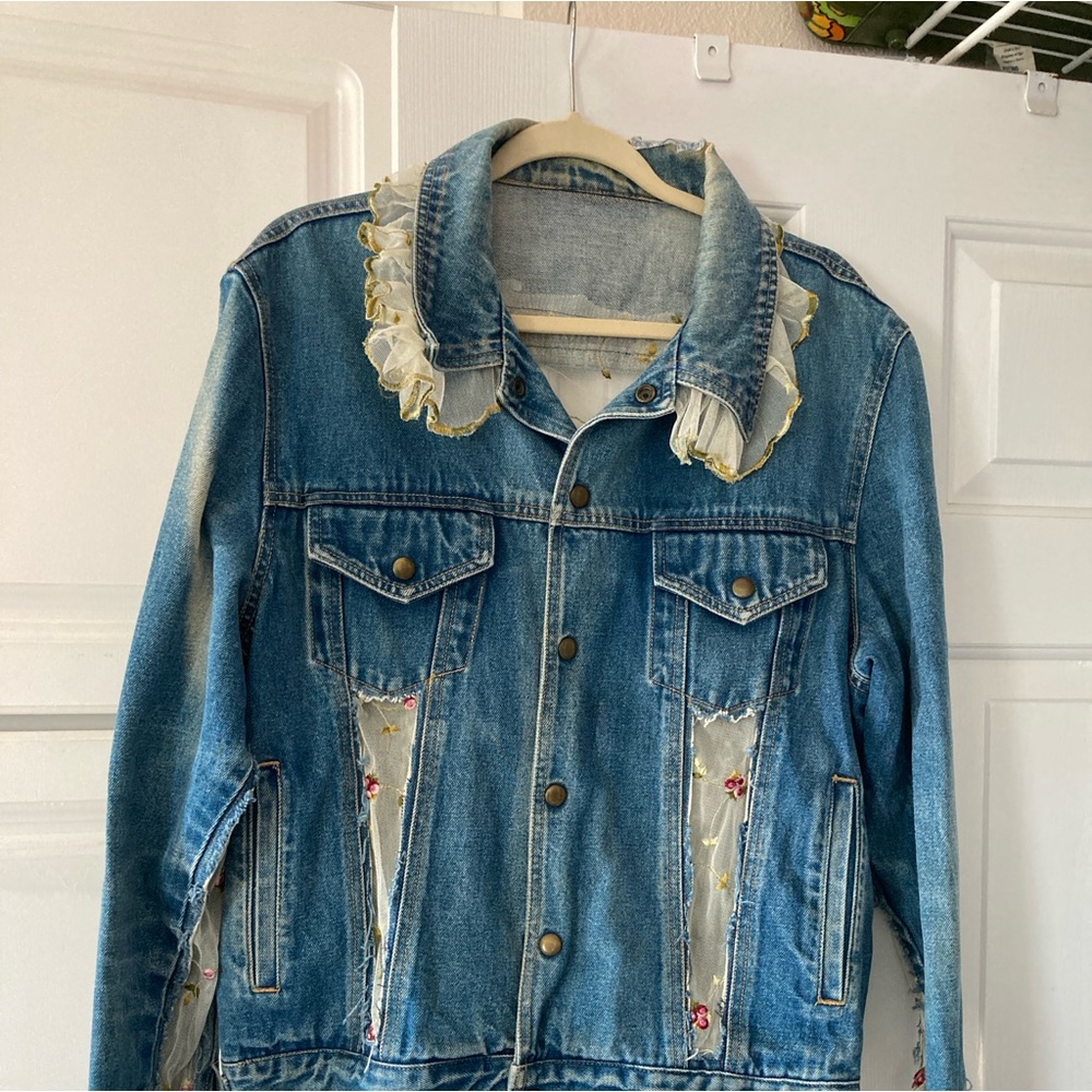 Denim a jacket with sheer panels